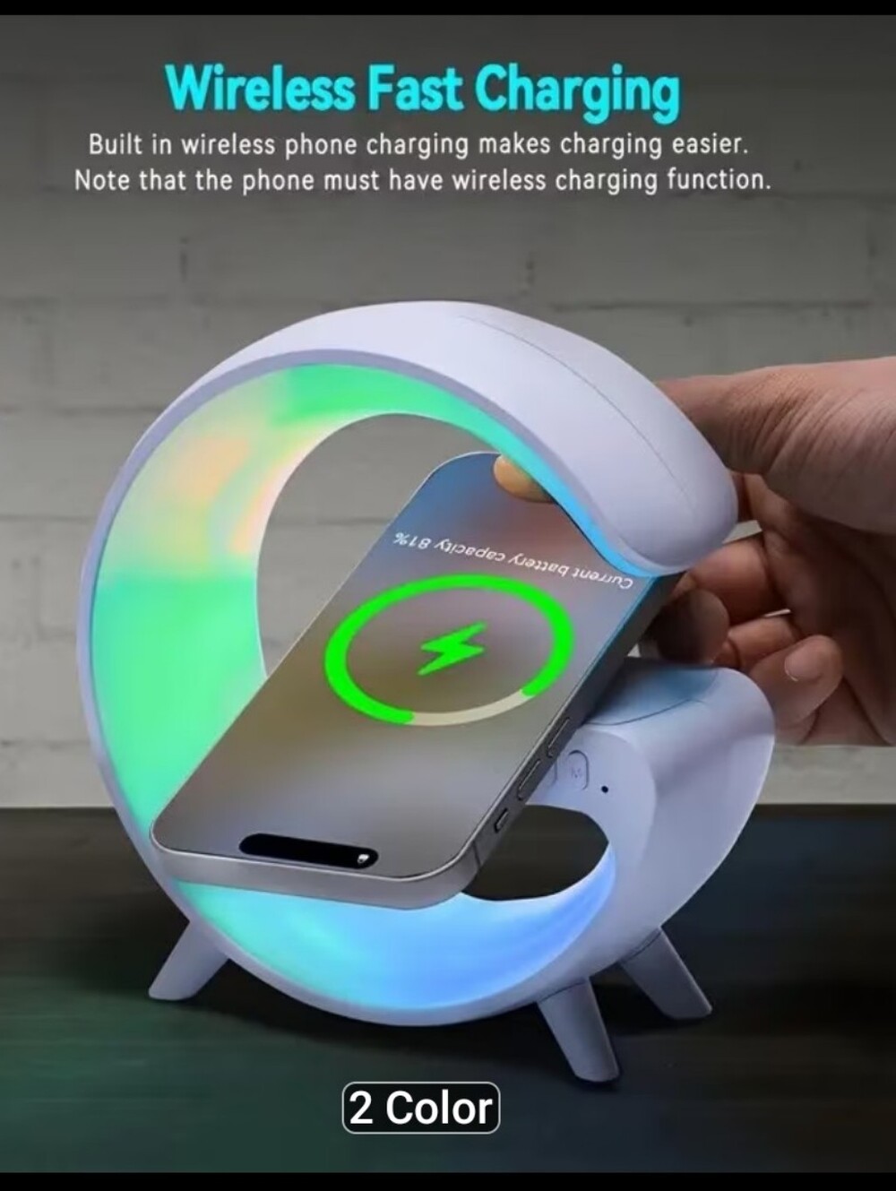 Black RGB Wireless Charging Alarm Clock with Bluetooth Speaker